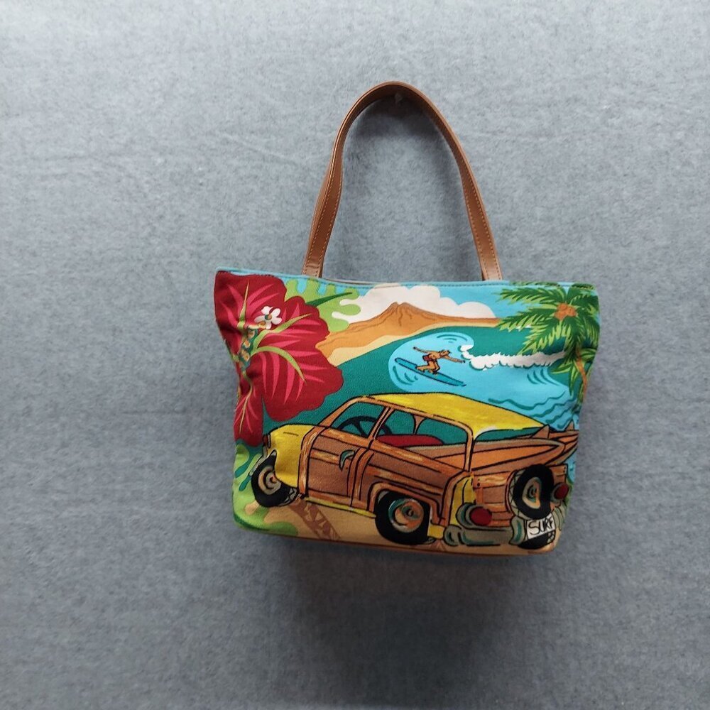 Surfer Woodie car Aloha Hawaii Hawaiian Print Canvas  Handbag With Leather Handl - Picture 2 of 13